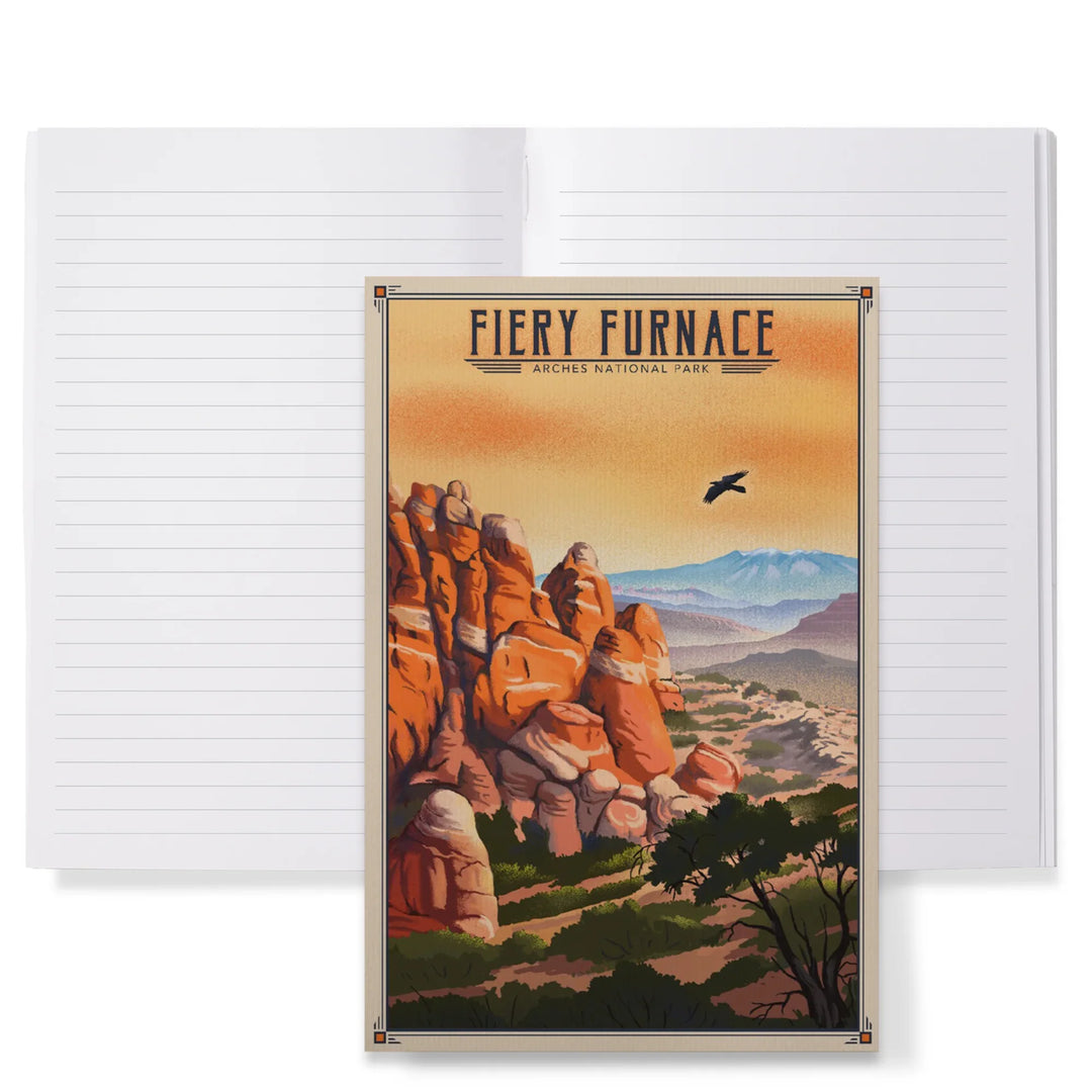Lined 6x9 Journal, Fiery Furnace, Arches National Park, Lithograph National Park Series, Lay Flat, 193 Pages, FSC paper