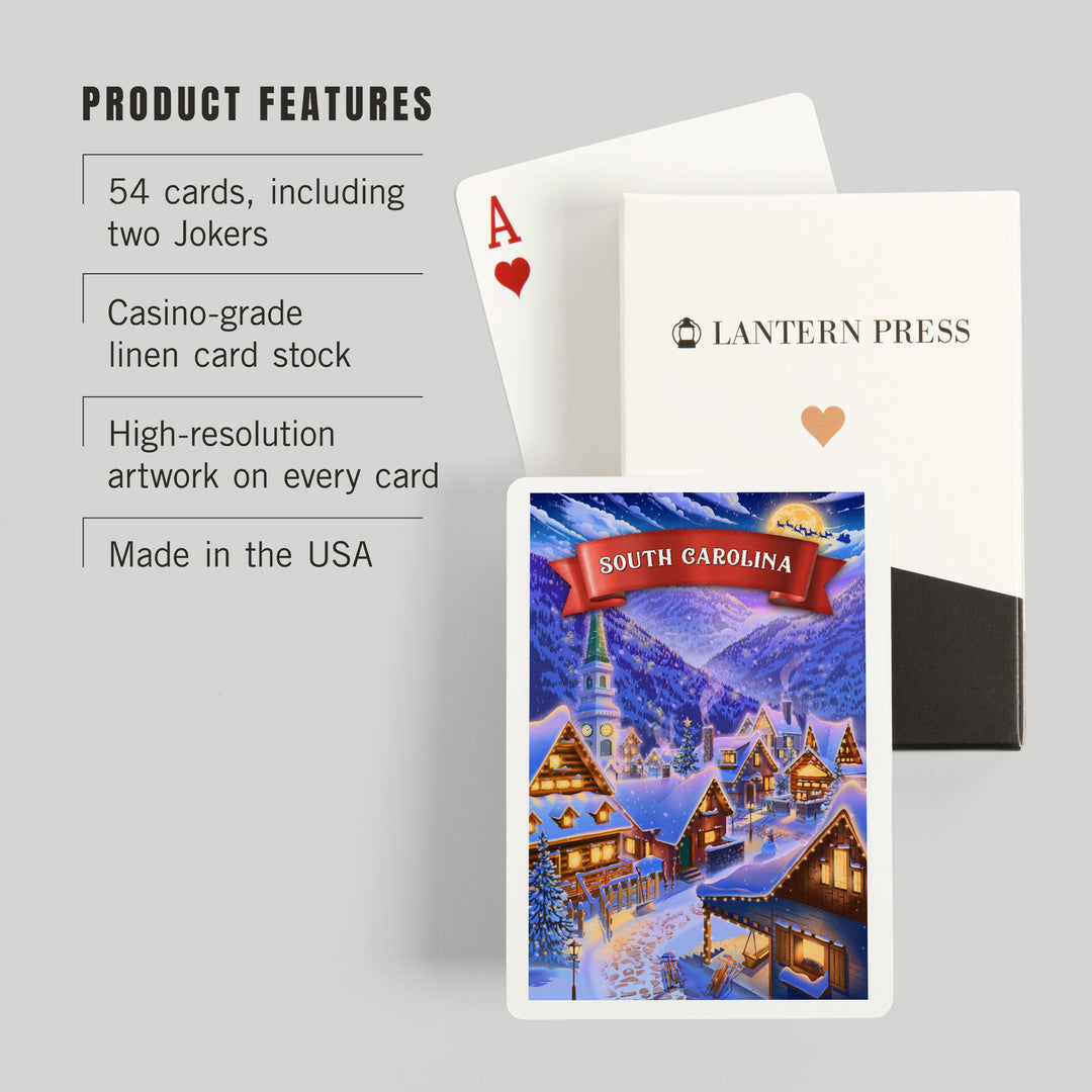 Playing Cards, South Carolina, Sleepy Winter Village, 52 Card Deck with Jokers in Box, Unique Art