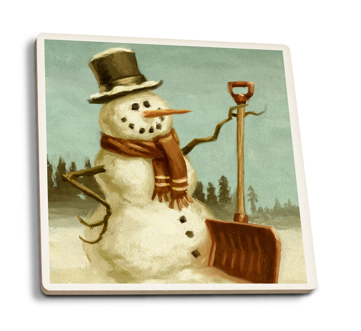 Snowman, Christmas Oil Painting, Coaster Set