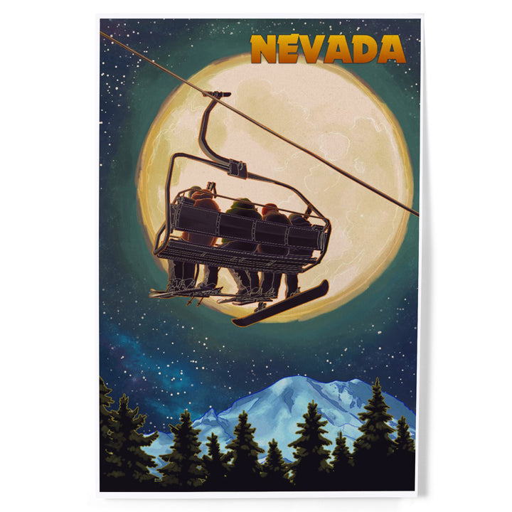 Nevada, Ski Lift and Full Moon, Snowboarder, Art & Giclee Prints
