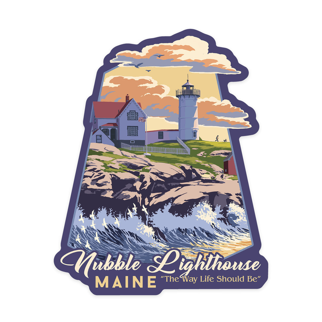 York, Maine, Nubble Lighthouse, The Way Life Should Be, Contour, Lantern Press Artwork, Vinyl Sticker