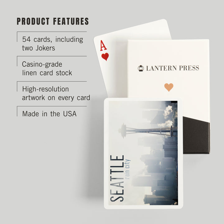 Playing Cards, Seattle, Washington, Space Needle and Skyline Fog, 52 Card Deck with Jokers in Box, Unique Art
