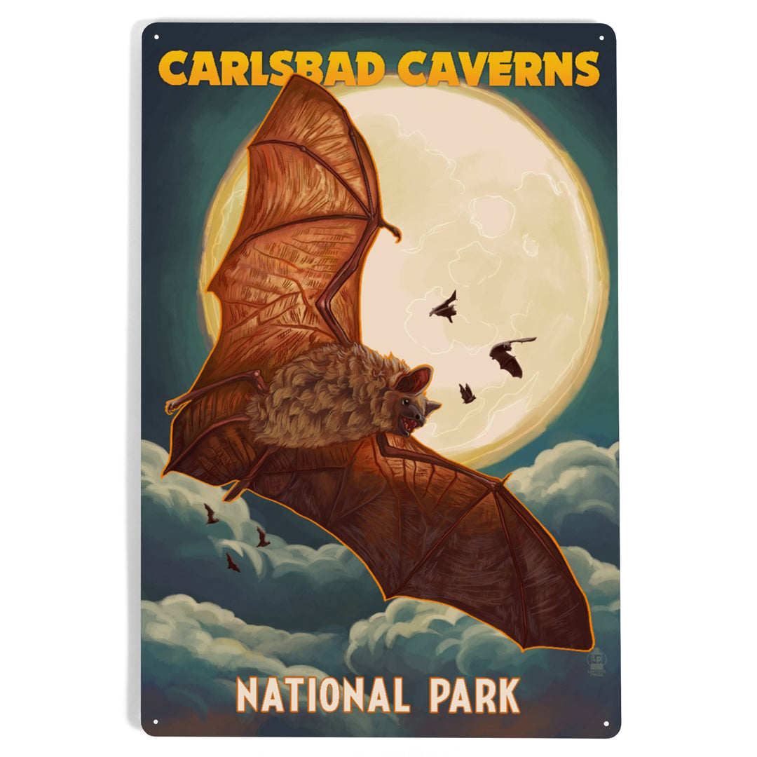 Carlsbad Caverns National Park, Bats and Full Moon, Metal Signs - Lantern Press