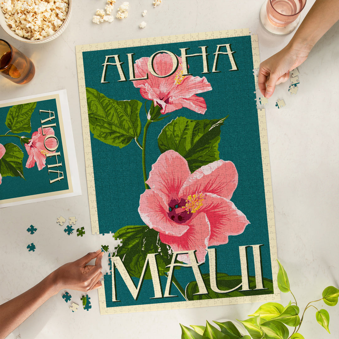 Maui, Hawaii, Aloha, Pink Hibiscus, Letterpress, Jigsaw Puzzle