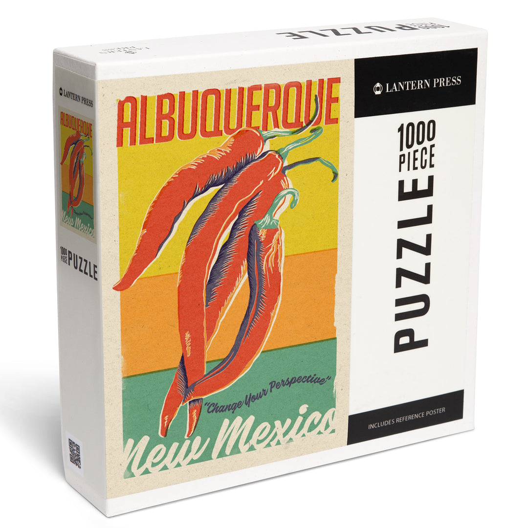 Albuquerque, New Mexico, Woodblock City Series, Chili Peppers, 1000 Piece Jigsaw Puzzle