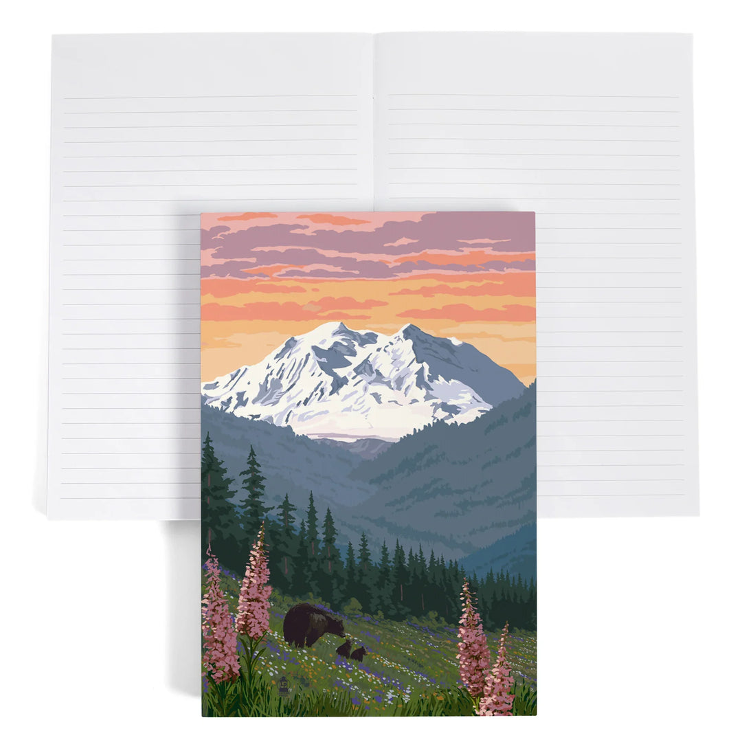 Lined 6x9 Journal, Denali National Park, Alaska, Bears and Spring Flowers, Lay Flat, 193 Pages, FSC paper