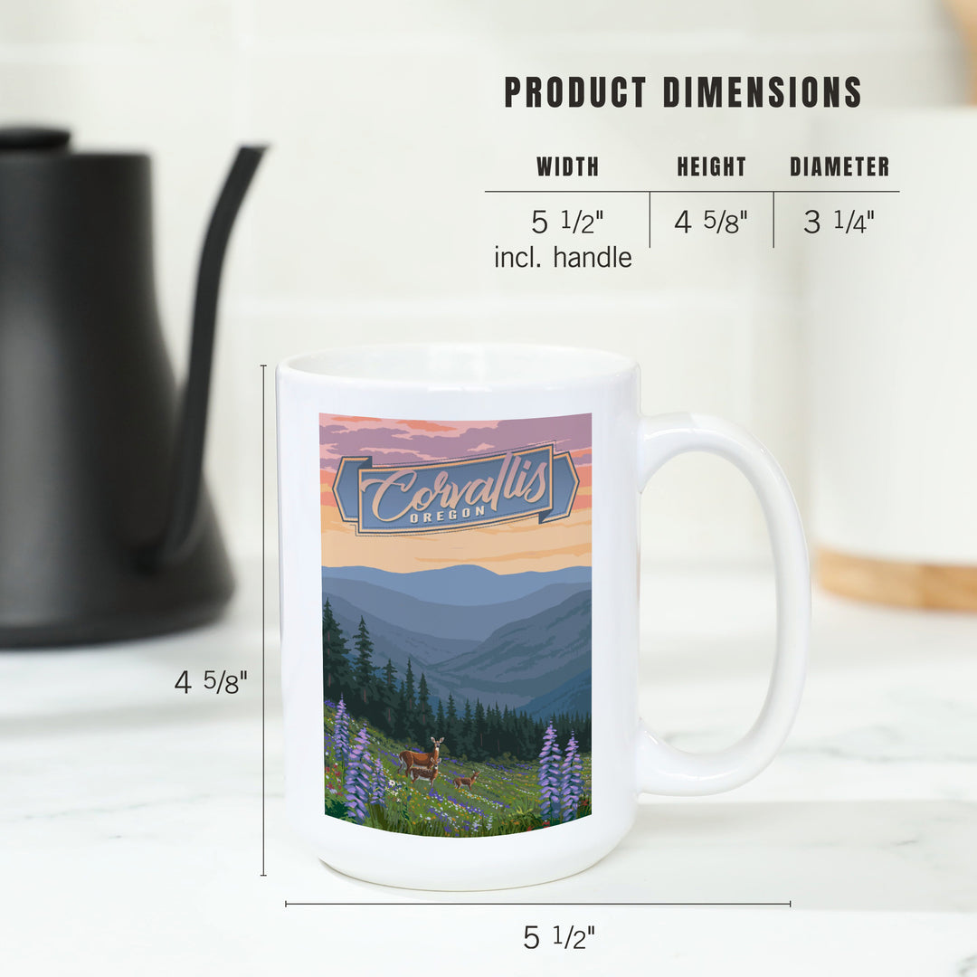 Corvallis, Oregon, Deer & Spring Flowers, Lantern Press Artwork, Ceramic Mug