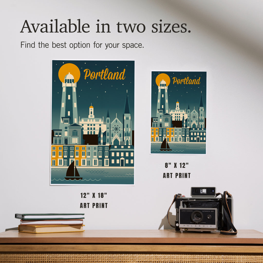 Portland, Maine, Retro Skyline, Art & Giclee Prints