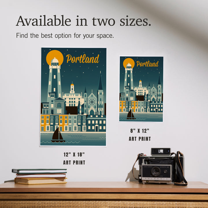 Portland, Maine, Retro Skyline, Art & Giclee Prints