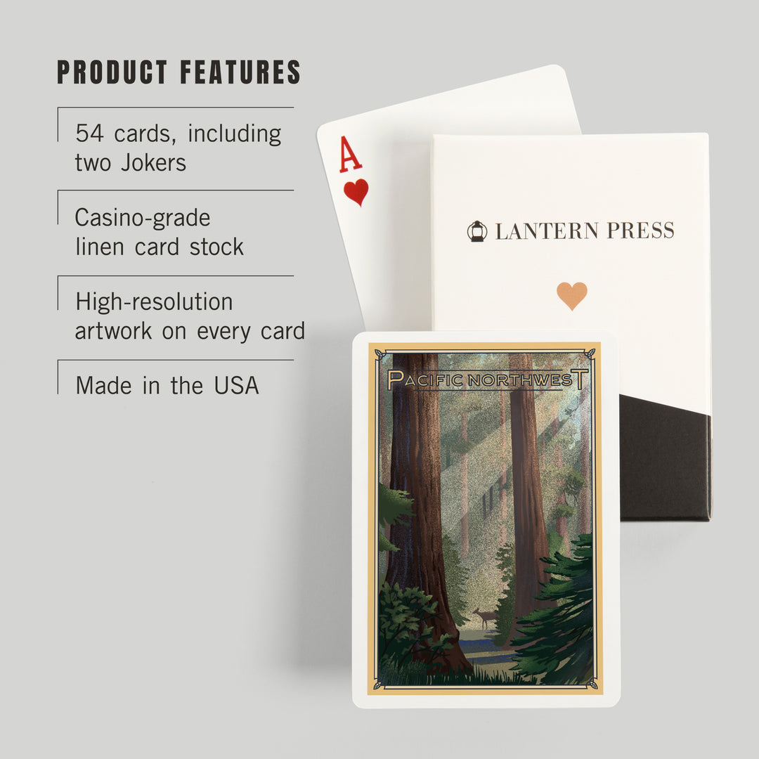 Playing Cards, Pacific Northwest, Deer in Forest, Lithograph, 52 Card Deck with Jokers in Box, Unique Art