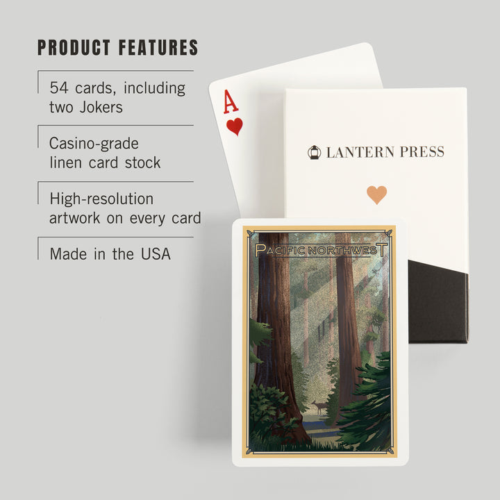 Playing Cards, Pacific Northwest, Deer in Forest, Lithograph, 52 Card Deck with Jokers in Box, Unique Art