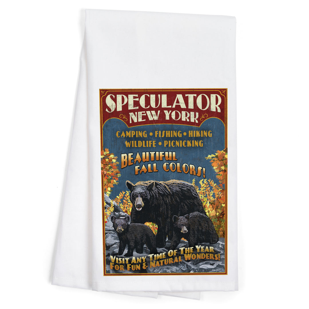 Speculator, New York, Black Bear Family Vintage Sign, Organic Cotton Kitchen Tea Towels