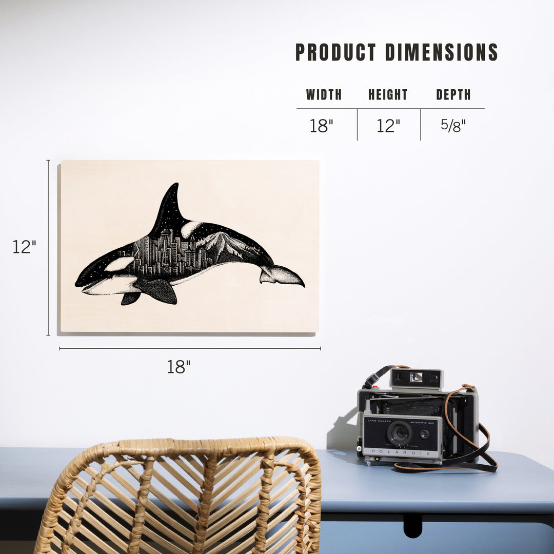 Orca and Seattle Skyline, Double Exposure, Lantern Press Artwork, Wood Signs and Postcards