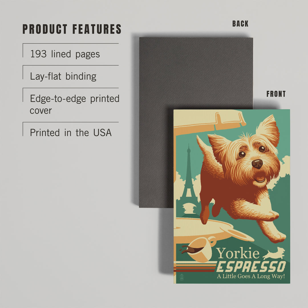 Lined 6x9 Journal, Yorkshire Terrier, Retro Yorkie Espresso Ad, Lay Flat, 193 Pages, FSC paper