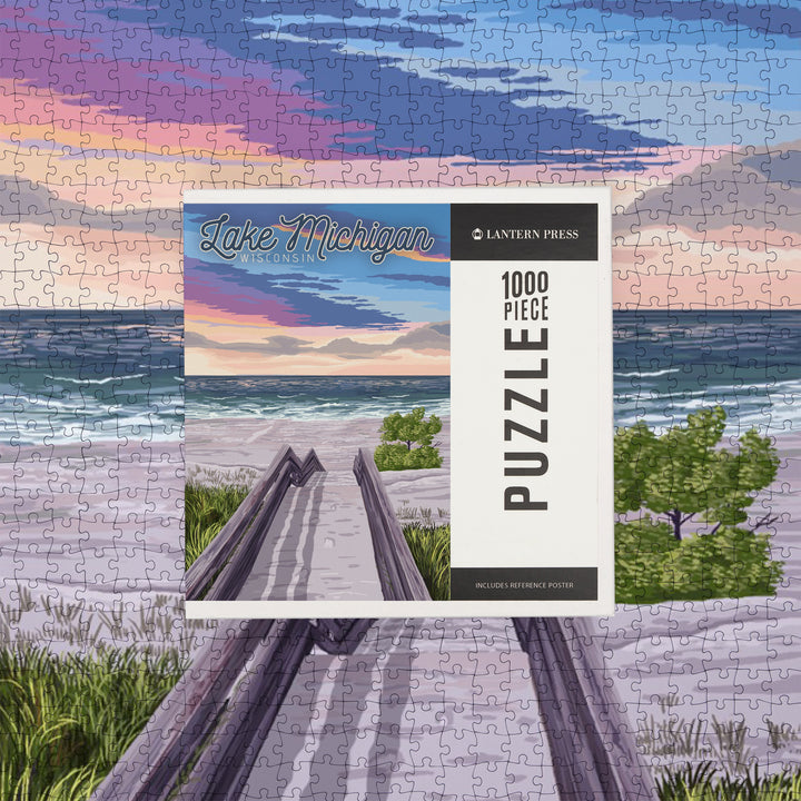 Lake Michigan, Wisconsin, Beach Boardwalk Scene, Jigsaw Puzzle