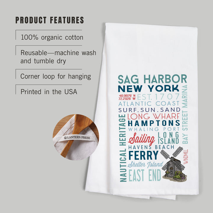 Sag Harbor, New York, Typography, Organic Cotton Kitchen Tea Towels