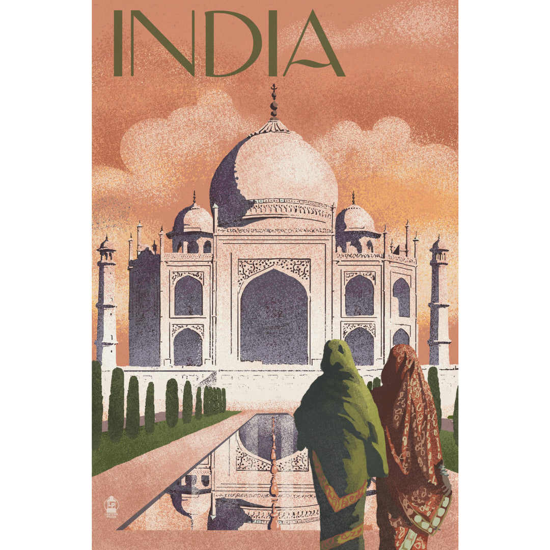 Taj Mahal, India, Lithograph Style, Stretched Canvas