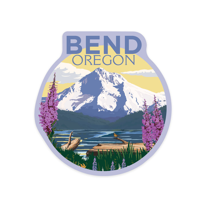 Bend, Oregon, Mountain and Lake Scene, Contour, Vinyl Sticker