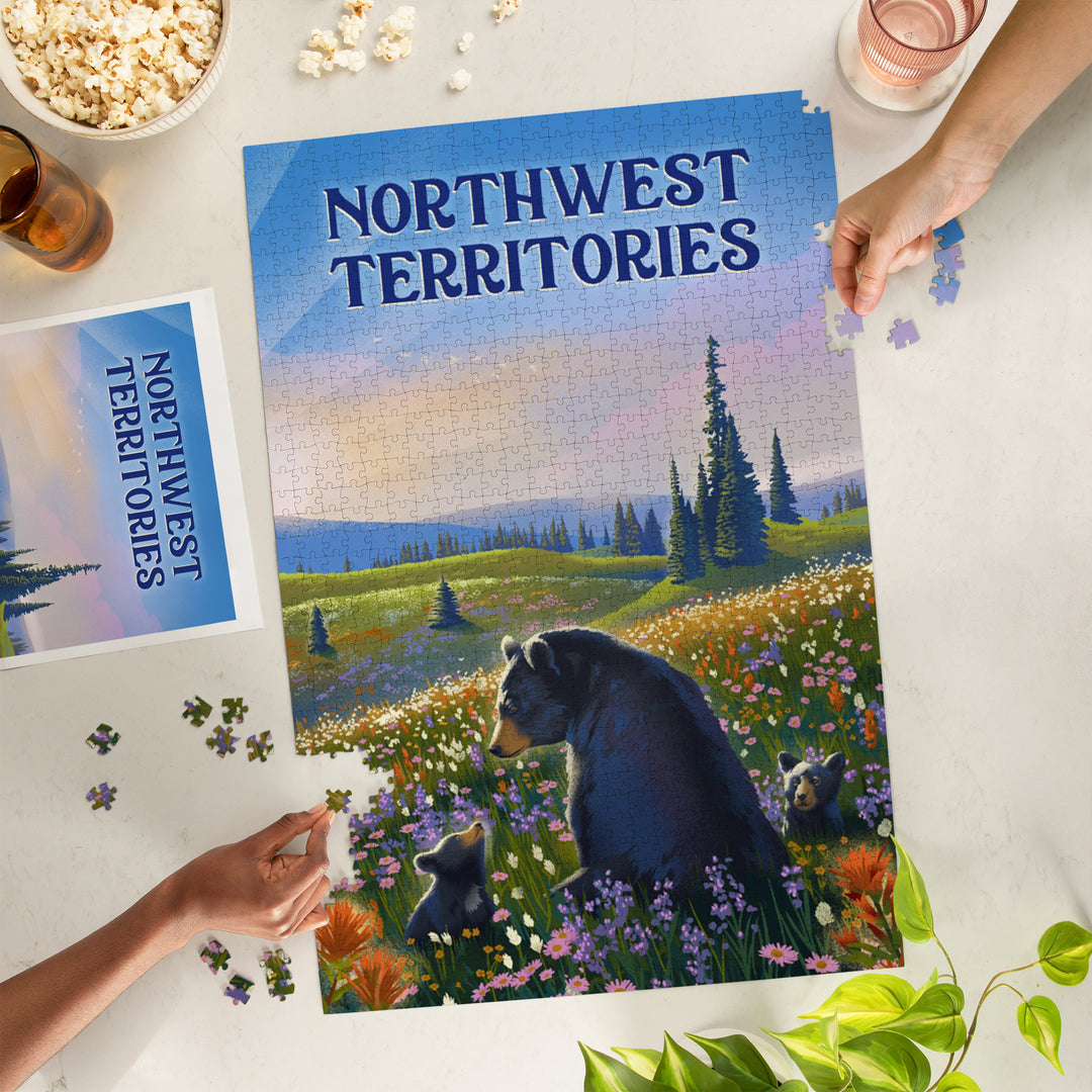 Northwest Territories, Lithograph, Bear Family in Field, Jigsaw Puzzle