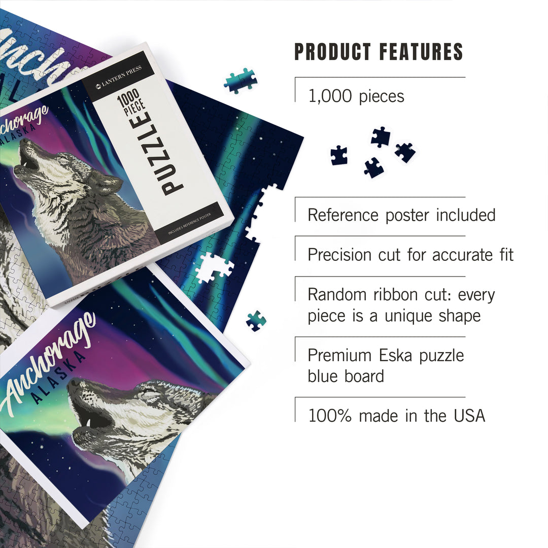 Anchorage, Alaska, Wolf and Northern Lights, Jigsaw Puzzle