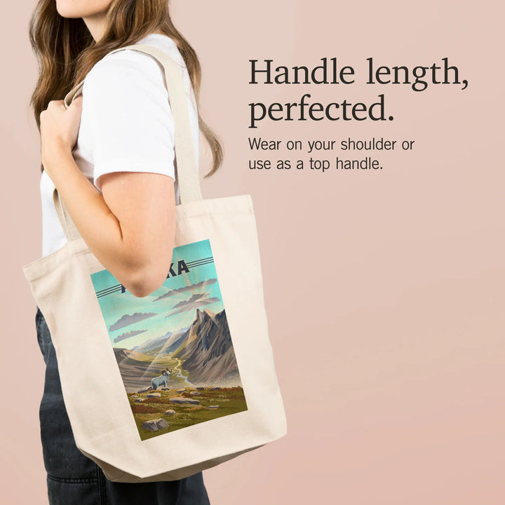 Alaska, Lithograph, Bighorn Sheep on Mountain, Tote Bag