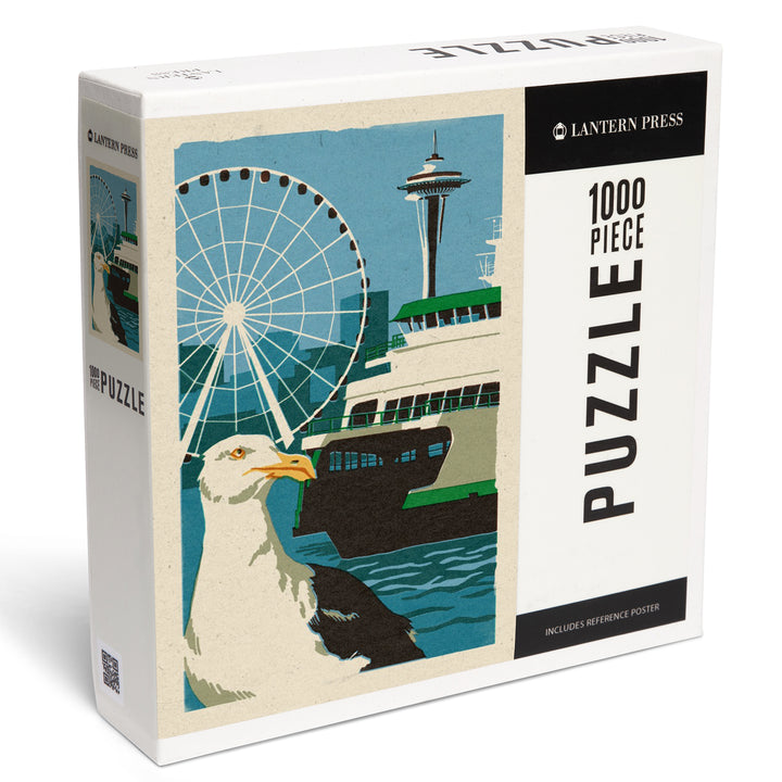 Seattle, Washington, Woodblock City Series, Waterfront, 1000 Piece Jigsaw Puzzle