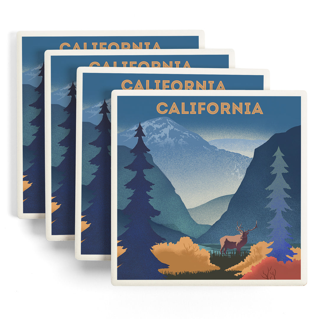 California, Lithograph, Elk and Mountains Scene ceramic coaster set