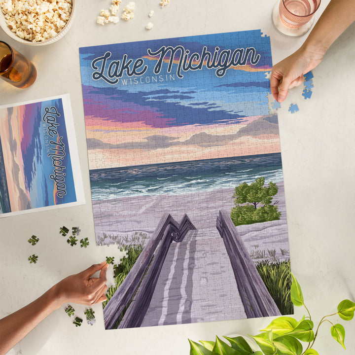 Lake Michigan, Wisconsin, Beach Boardwalk Scene, Jigsaw Puzzle