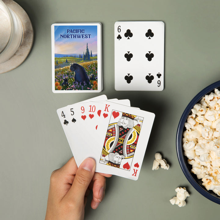 Playing Cards, Pacific Northwest, Lithograph, Bear Family in Field, 52 Card Deck with Jokers in Box, Unique Art