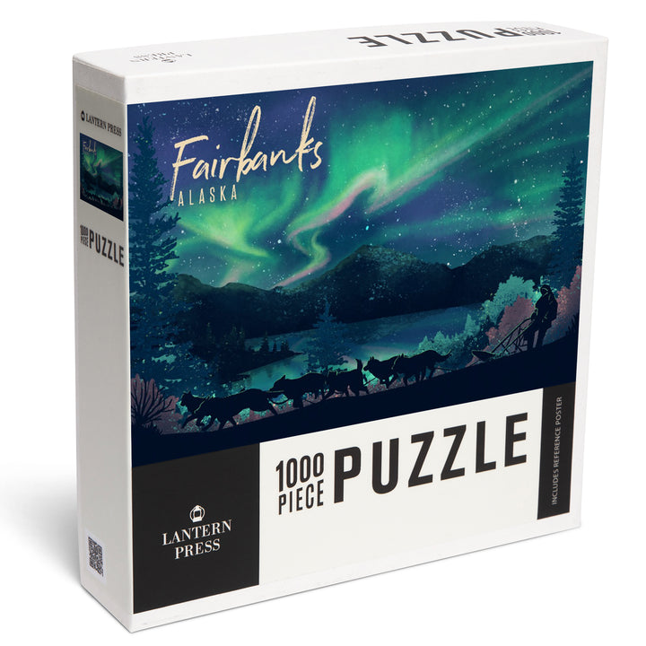 Fairbanks, Alaska, Lithograph, Northern Lights and Sled Dogs, Jigsaw Puzzle