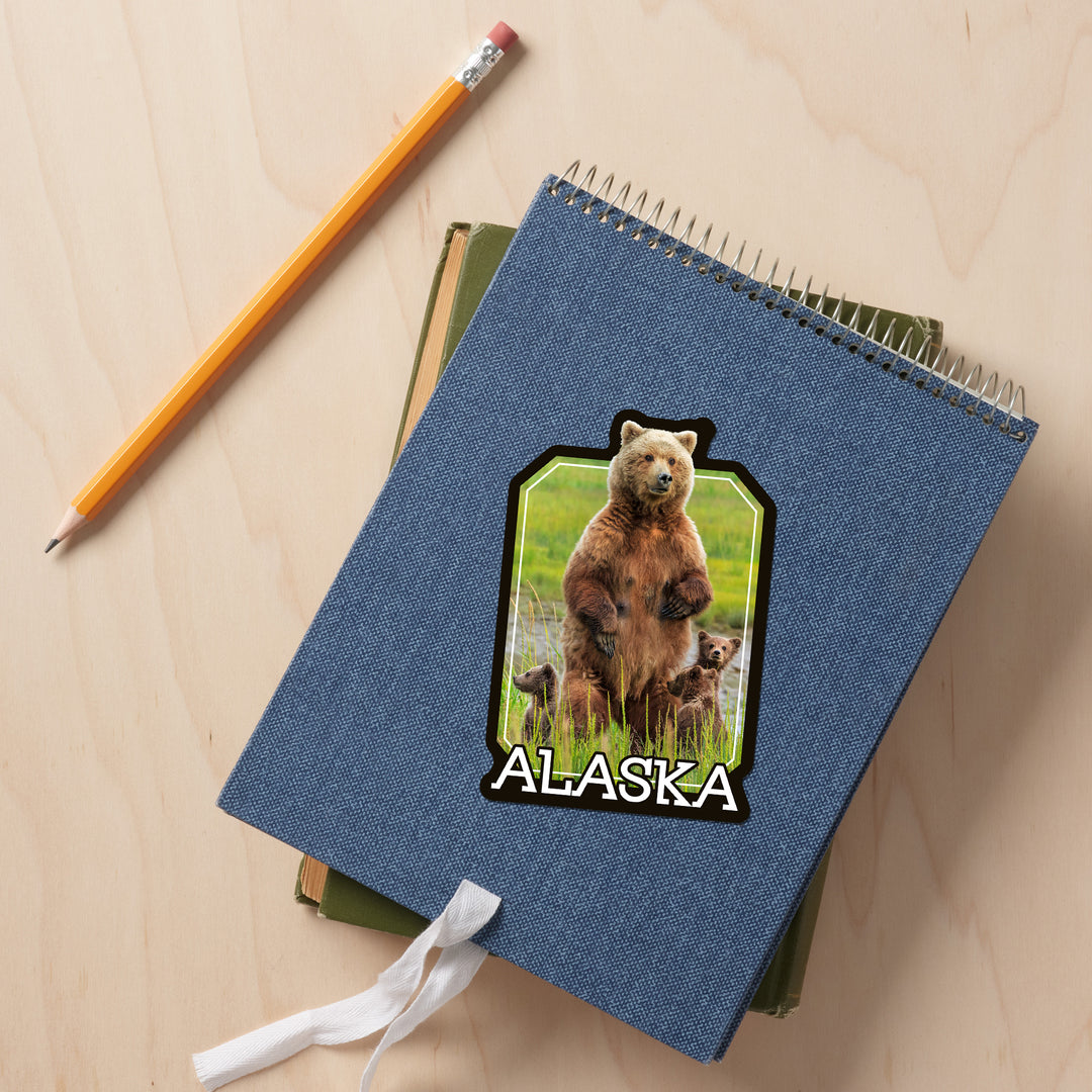 Alaska, Grizzly Bear and Cubs, Contour, Vinyl Sticker