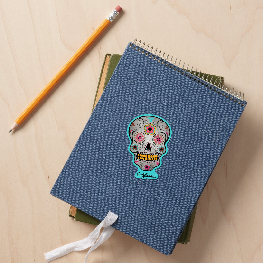 Death Valley National Park, California, Day of the Dead, Sugar Skull, Teal, Contour, Vinyl Sticker - Lantern Press