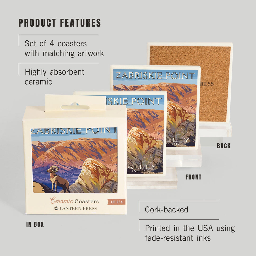 Death Valley National Park, California, Zabriskie Point and Bighorns, Painterly Series, Coasters Coasters Lantern Press 