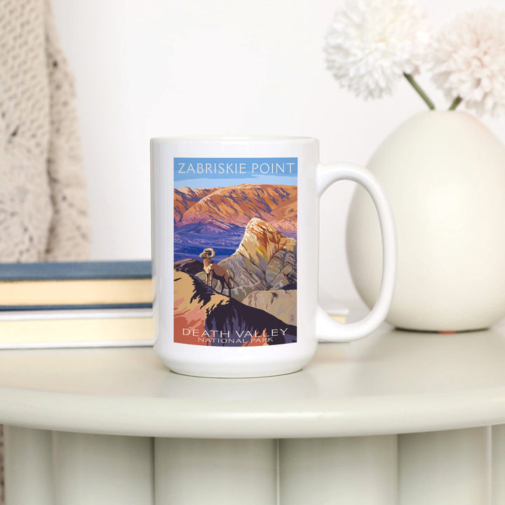 Death Valley National Park, California, Zabriskie Point & Bighorns, Painterly Series, Lantern Press Artwork, Ceramic Mug Mugs Lantern Press 