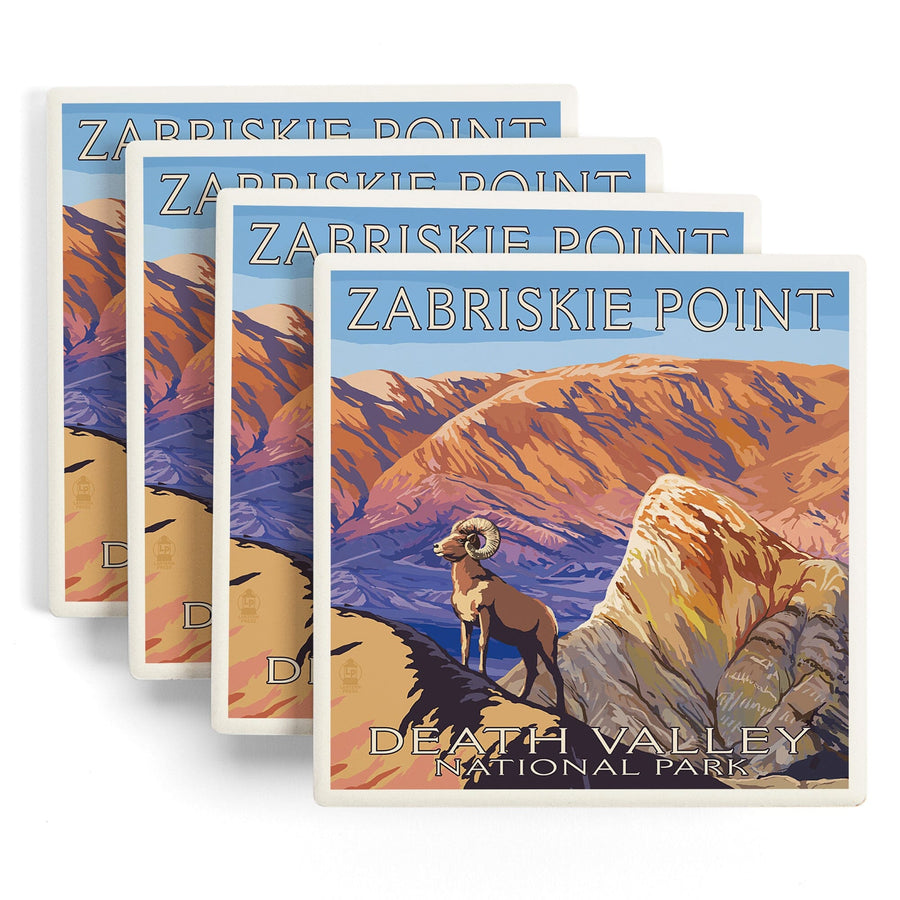 Death Valley National Park, California, Zabriskie Point & Bighorns, Painterly Series, Lantern Press Artwork, Coaster Set - Lantern Press