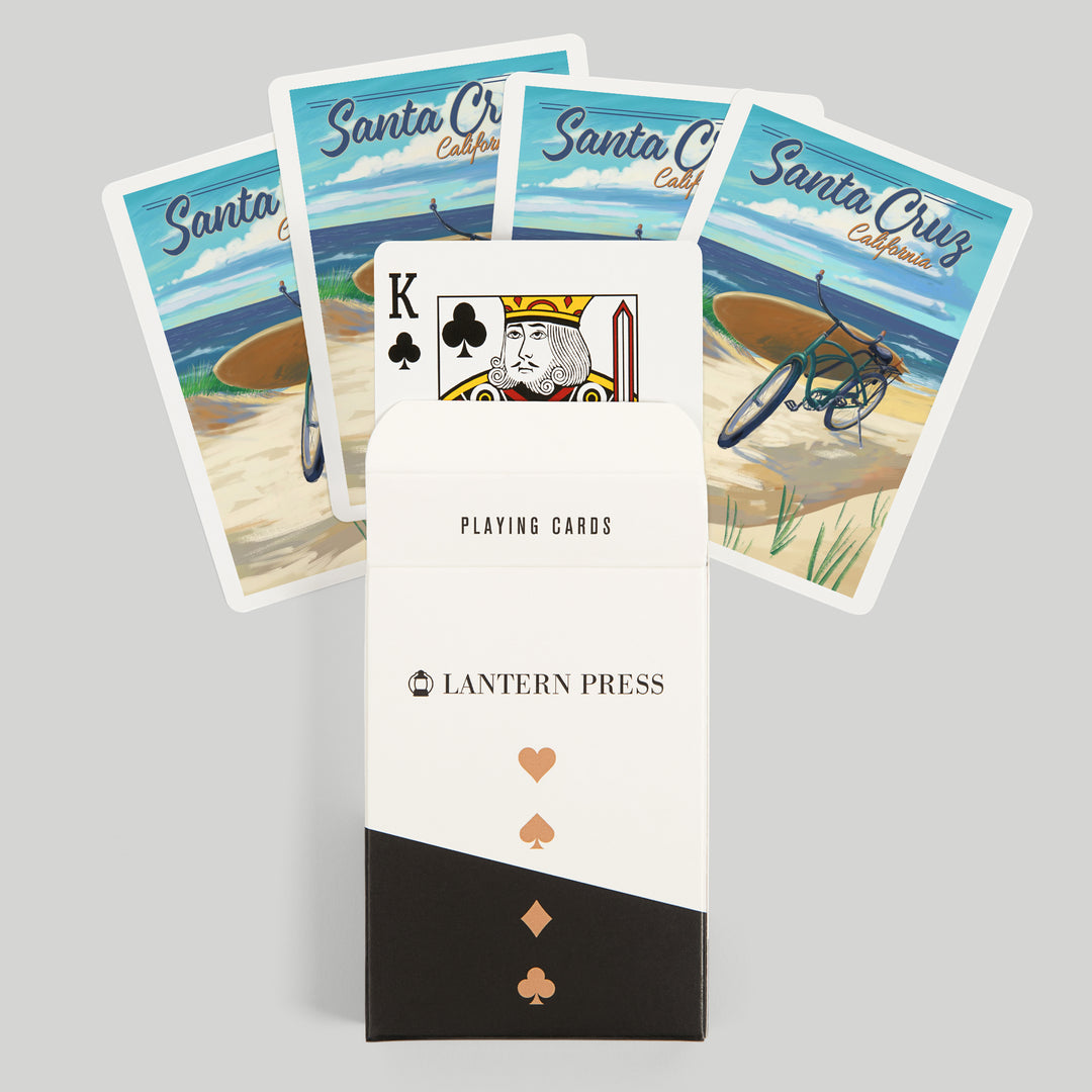 Playing Cards, Santa Cruz, California, Beach Cruiser on Beach, 52 Card Deck with Jokers in Box, Unique Art