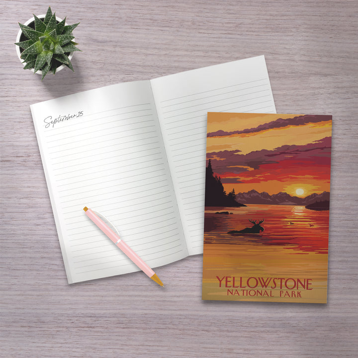 Lined 6x9 Journal, Yellowstone National Park, Montana, Painterly, Moose at Sunset, Lay Flat, 193 Pages, FSC paper