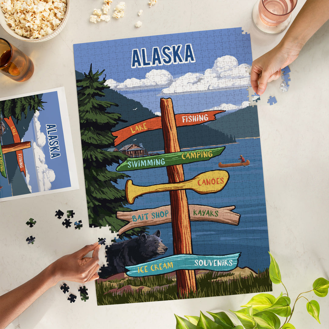 Alaska, Signpost, Lake and Bear, Jigsaw Puzzle