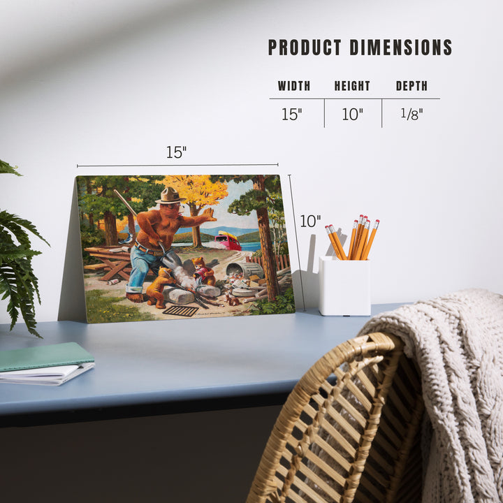 Smokey Bear, Extinguishing Left Campfire, Wood Sign and Postcards