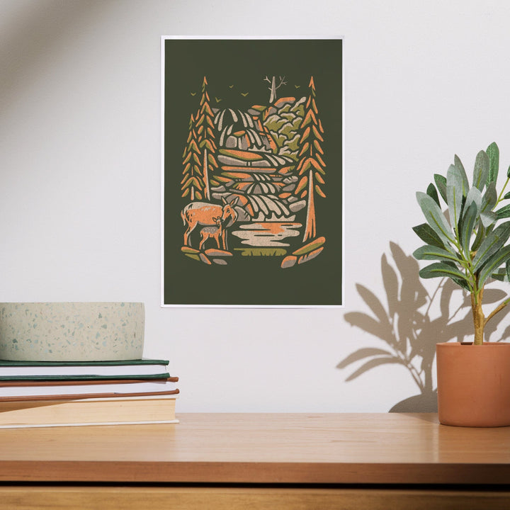 Deer and Waterfall, Distressed Vector, Art & Giclee Prints Art Lantern Press 
