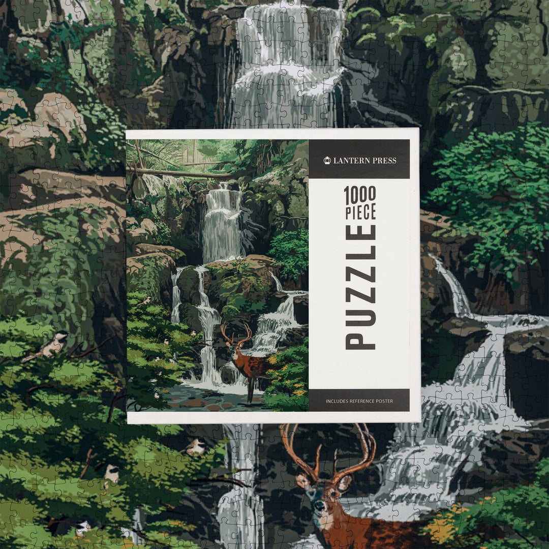 Deer and Waterfall, Painterly, Jigsaw Puzzle Puzzle Lantern Press 