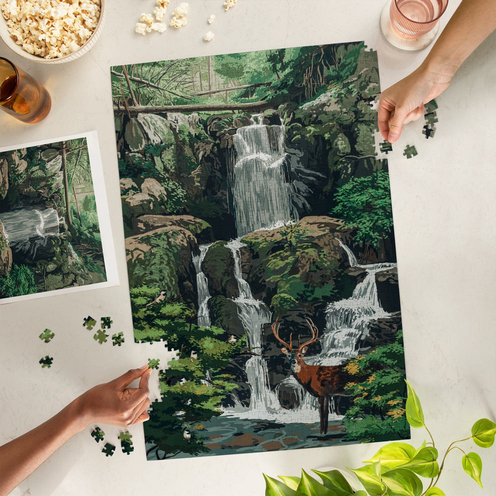 Deer and Waterfall, Painterly, Jigsaw Puzzle Puzzle Lantern Press 
