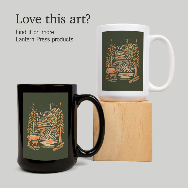 Deer & Waterfall, Distressed Vector, Lantern Press Artwork, Ceramic Mug Mugs Lantern Press 