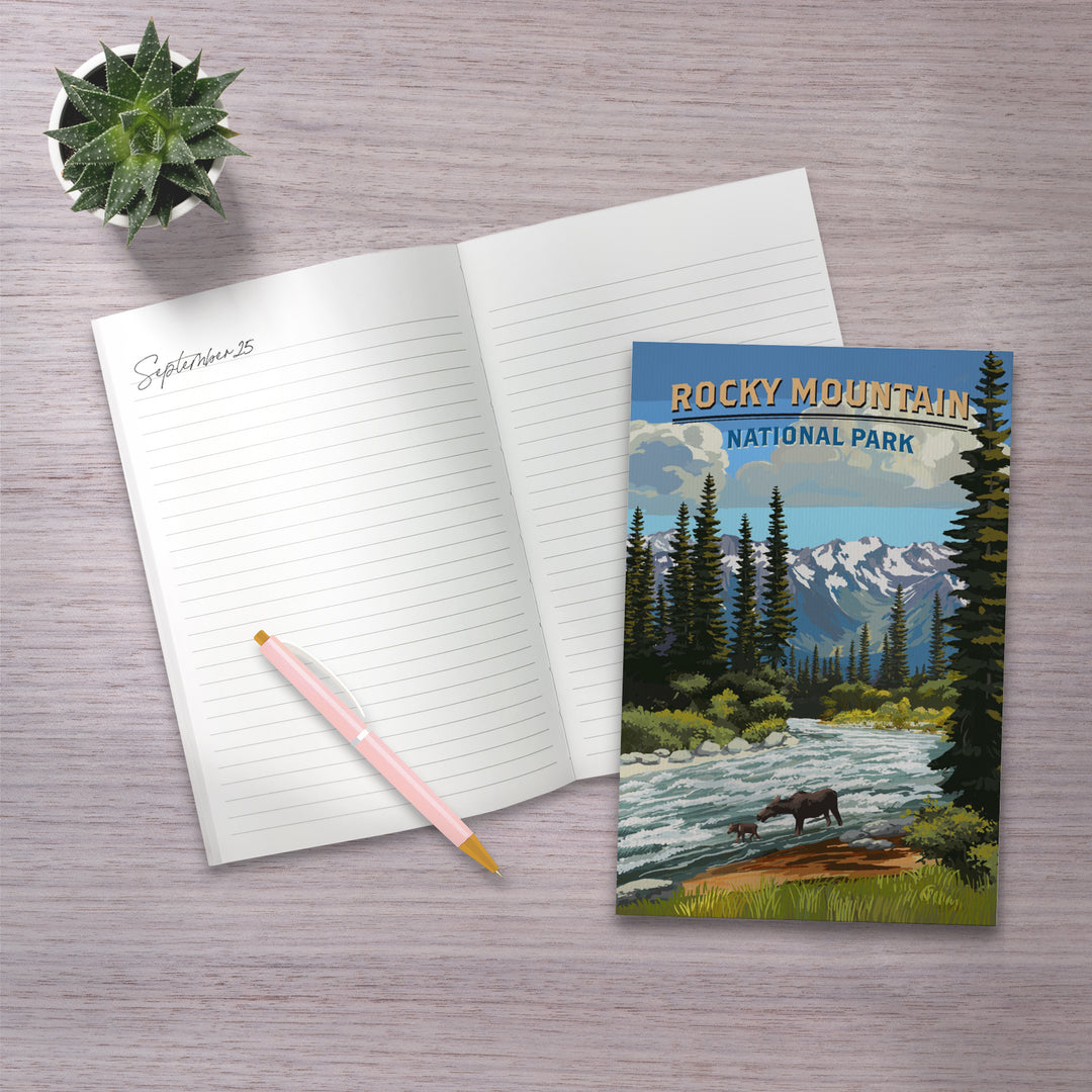 Lined 6x9 Journal, Rocky Mountain National Park, Moose and River Rapids, Lay Flat, 193 Pages, FSC paper