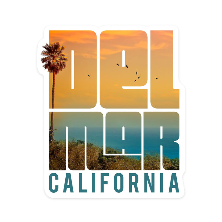 Del Mar, California, Sunset and Birds, Contour, Vinyl Sticker - Lantern Press