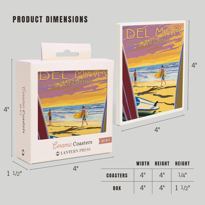 Del Mar, California, Surfers at Sunset, Lantern Press Artwork, Coaster Set - Lantern Press