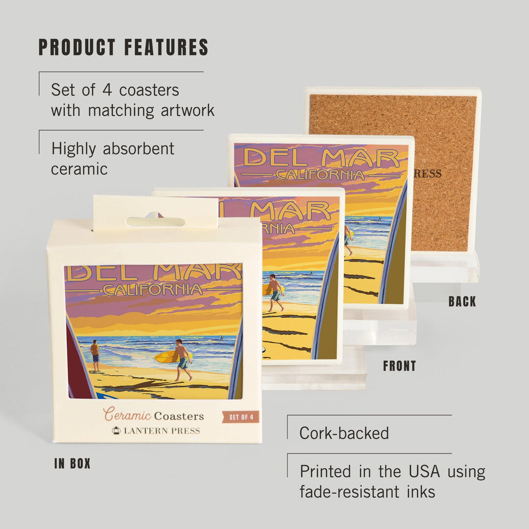 Del Mar, California, Surfers at Sunset, Lantern Press Artwork, Coaster Set - Lantern Press