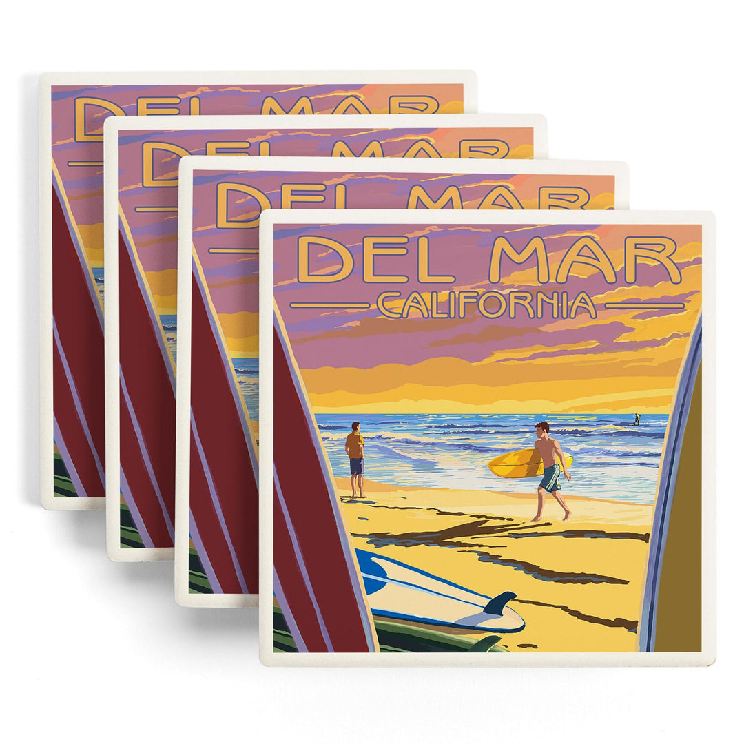 Del Mar, California, Surfers at Sunset, Lantern Press Artwork, Coaster Set - Lantern Press