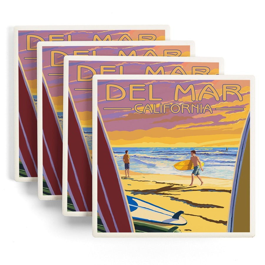 Del Mar, California, Surfers at Sunset, Lantern Press Artwork, Coaster Set - Lantern Press