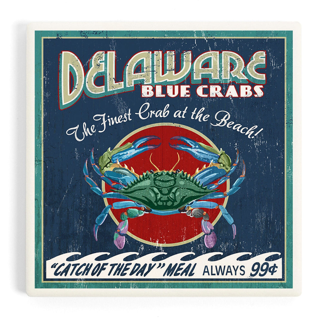 Delaware Blue Crabs Vintage Sign, Best at the Beach, Coasters Coasters Lantern Press Coaster 